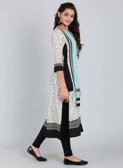 White &amp; Blue Round Neck Printed kurta - wforwoman