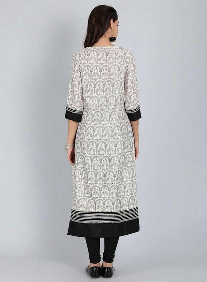 White &amp; Blue Round Neck Printed kurta - wforwoman