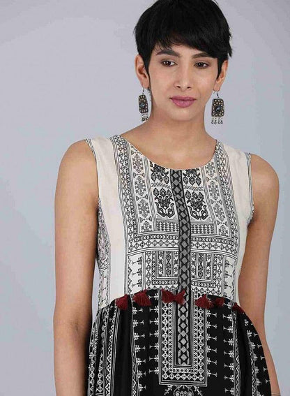 Black Round Neck Printed kurta - wforwoman