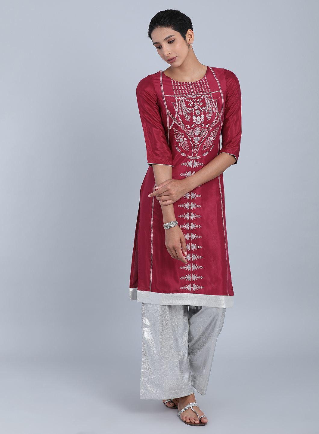 Maroon Round Neck Printed kurta - wforwoman