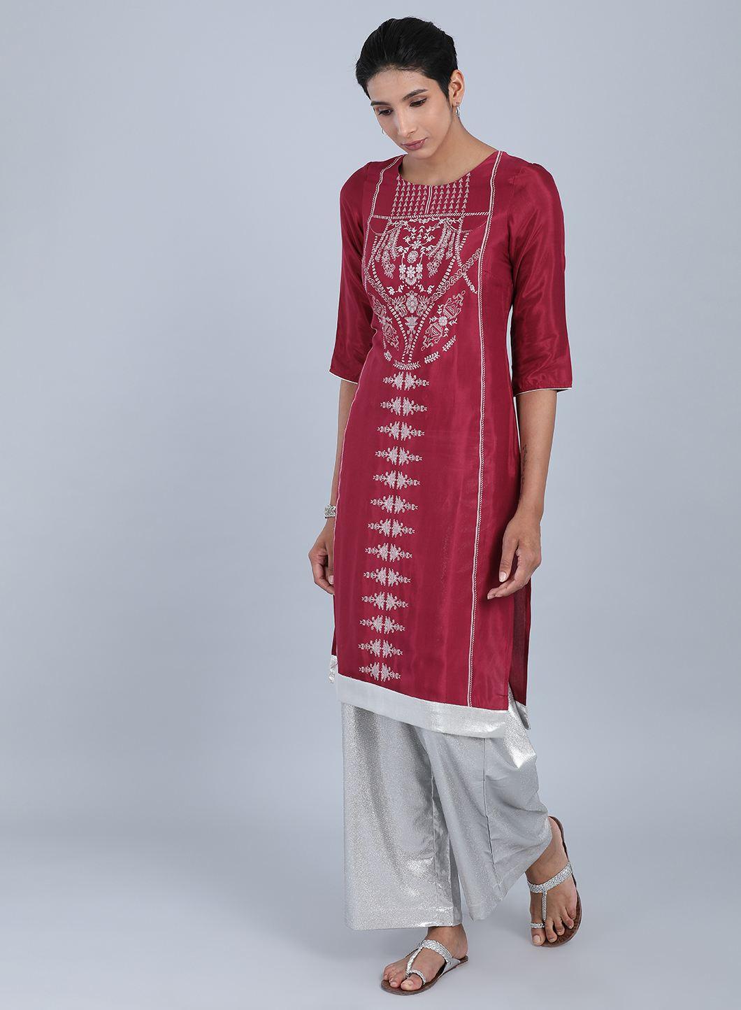 Maroon Round Neck Printed kurta - wforwoman