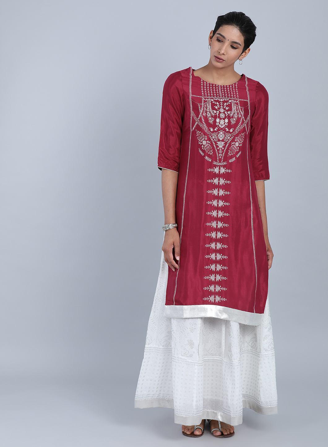 Maroon Round Neck Printed kurta - wforwoman