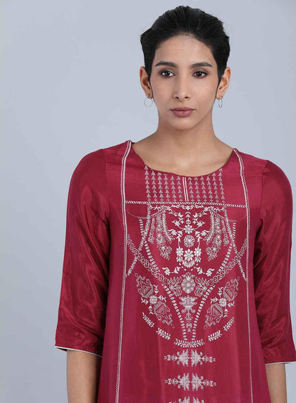 Maroon Round Neck Printed kurta - wforwoman