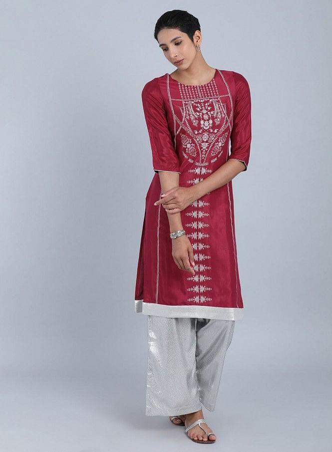 Maroon Round Neck Printed kurta - wforwoman