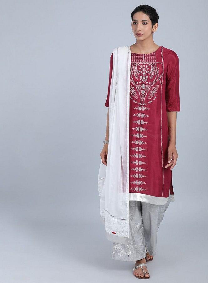 Maroon Round Neck Printed kurta - wforwoman