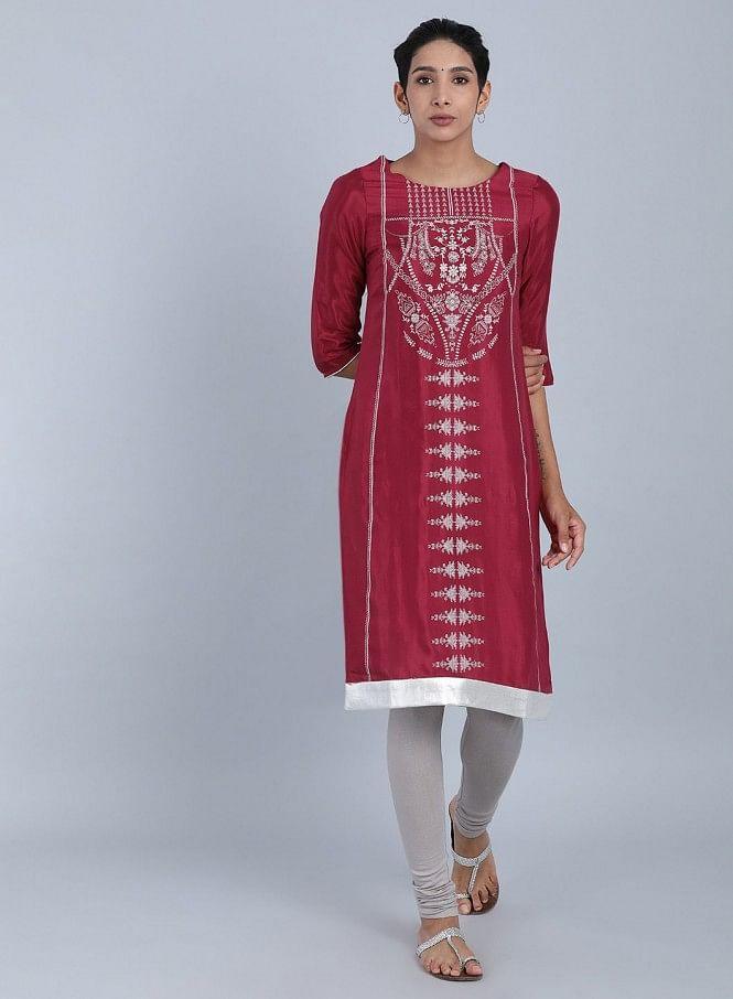 Maroon Round Neck Printed kurta - wforwoman