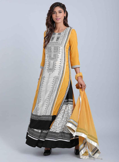 White &amp; Mustard Printed Round Neck kurta - wforwoman