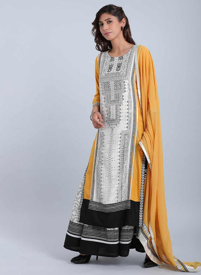 White &amp; Mustard Printed Round Neck kurta - wforwoman