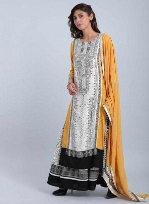 White &amp; Mustard Printed Round Neck kurta - wforwoman