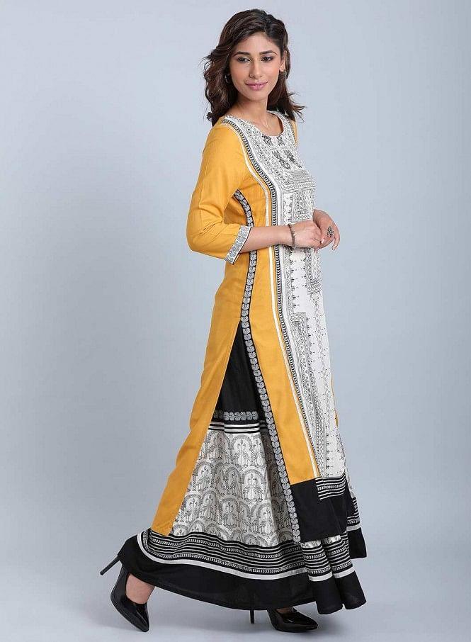 White &amp; Mustard Printed Round Neck kurta - wforwoman