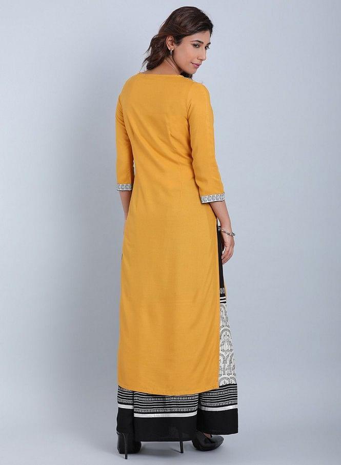 White &amp; Mustard Printed Round Neck kurta - wforwoman