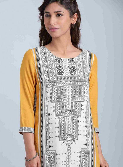 White &amp; Mustard Printed Round Neck kurta - wforwoman