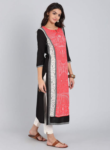 Black &amp; Coral Traditional Print kurta - wforwoman