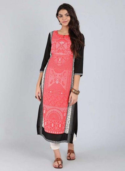 Black &amp; Coral Traditional Print kurta - wforwoman