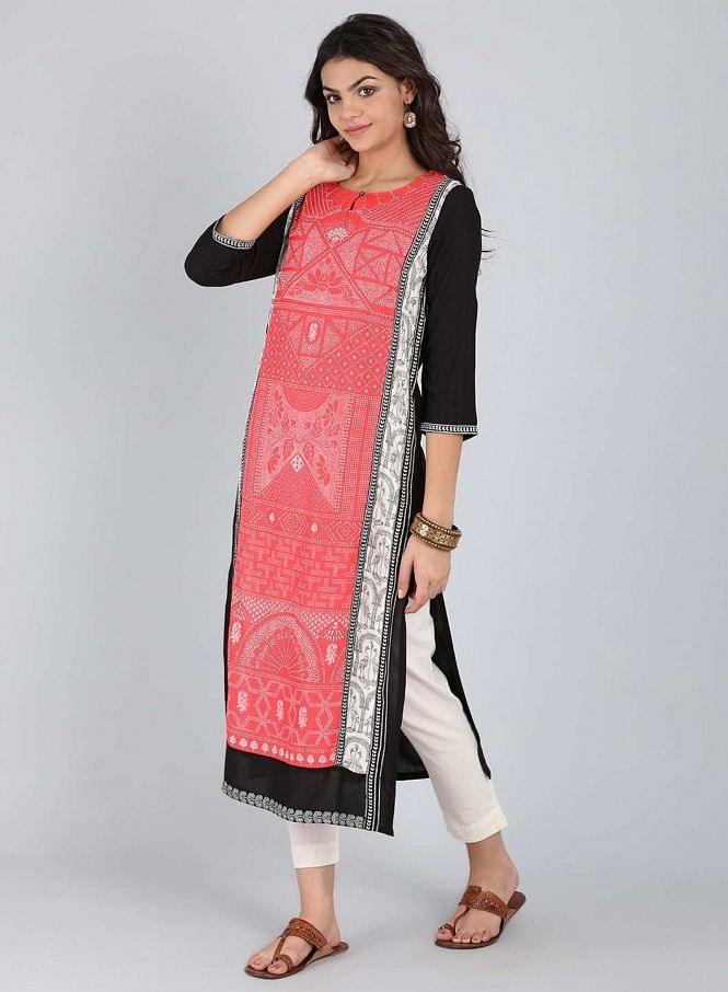 Black &amp; Coral Traditional Print kurta - wforwoman