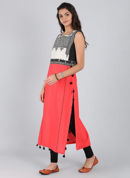 Red Round Neck A-Line kurta - wforwoman