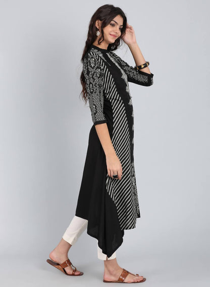 Black Mandarin Neck Asymmetrical kurta - wforwoman