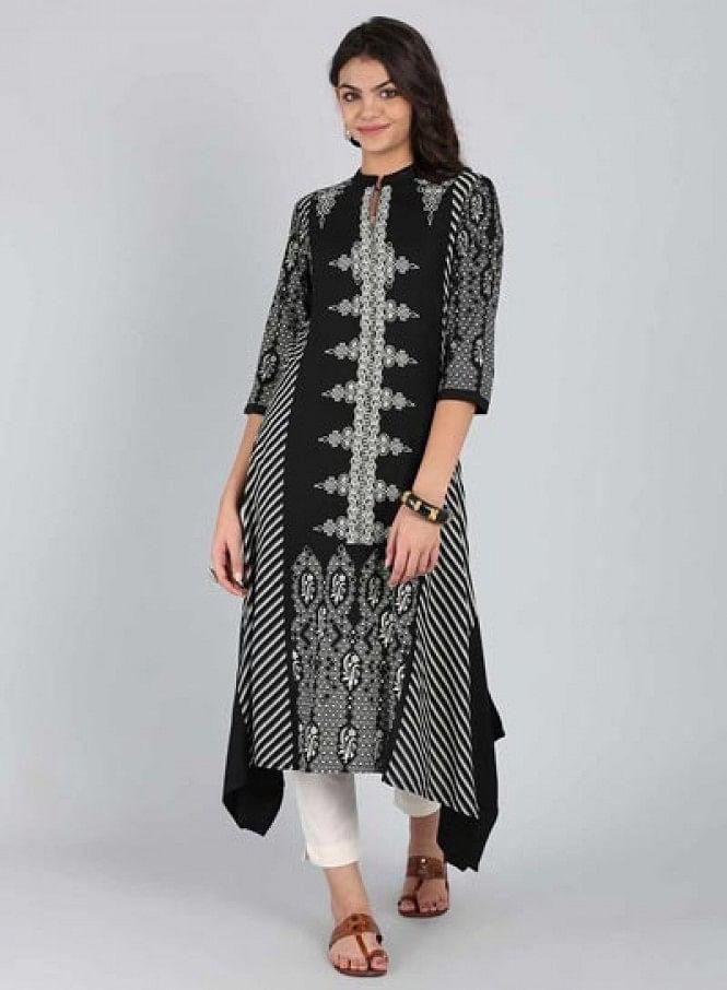 Black Mandarin Neck Asymmetrical kurta - wforwoman