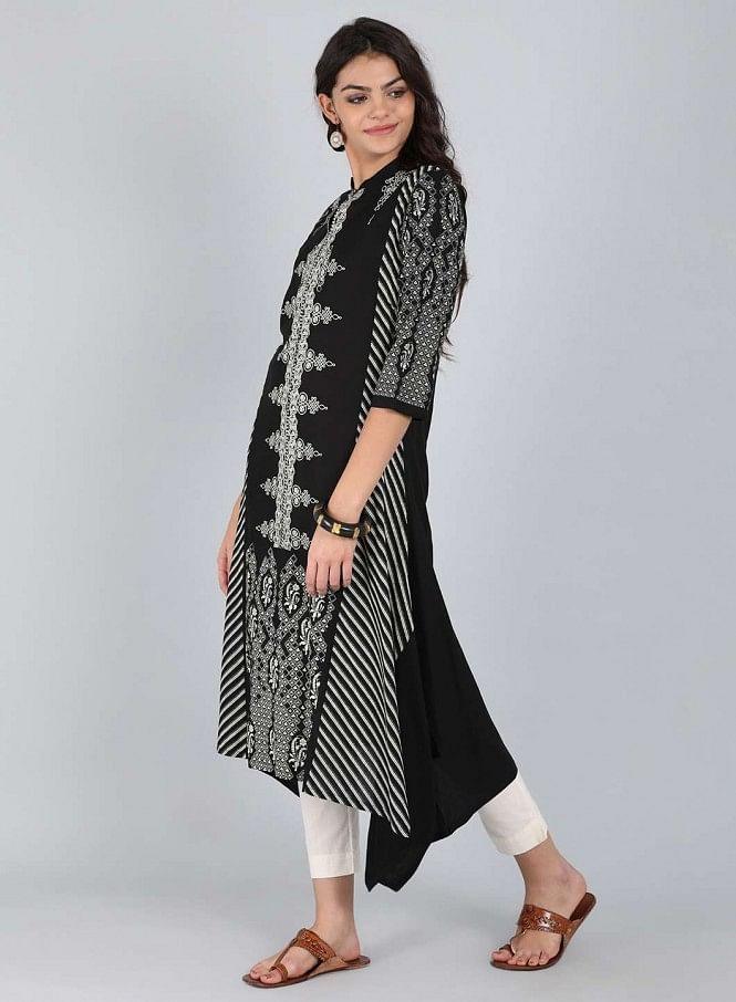 Black Mandarin Neck Asymmetrical kurta - wforwoman