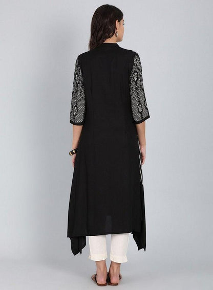 Black Mandarin Neck Asymmetrical kurta - wforwoman