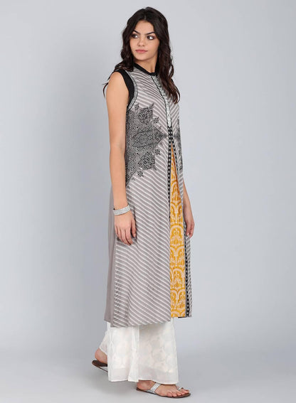 Grey Mandarin Neck Striped kurta - wforwoman