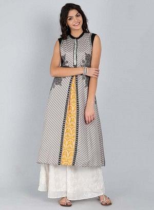 Grey Mandarin Neck Striped kurta - wforwoman