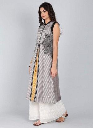 Grey Mandarin Neck Striped kurta - wforwoman