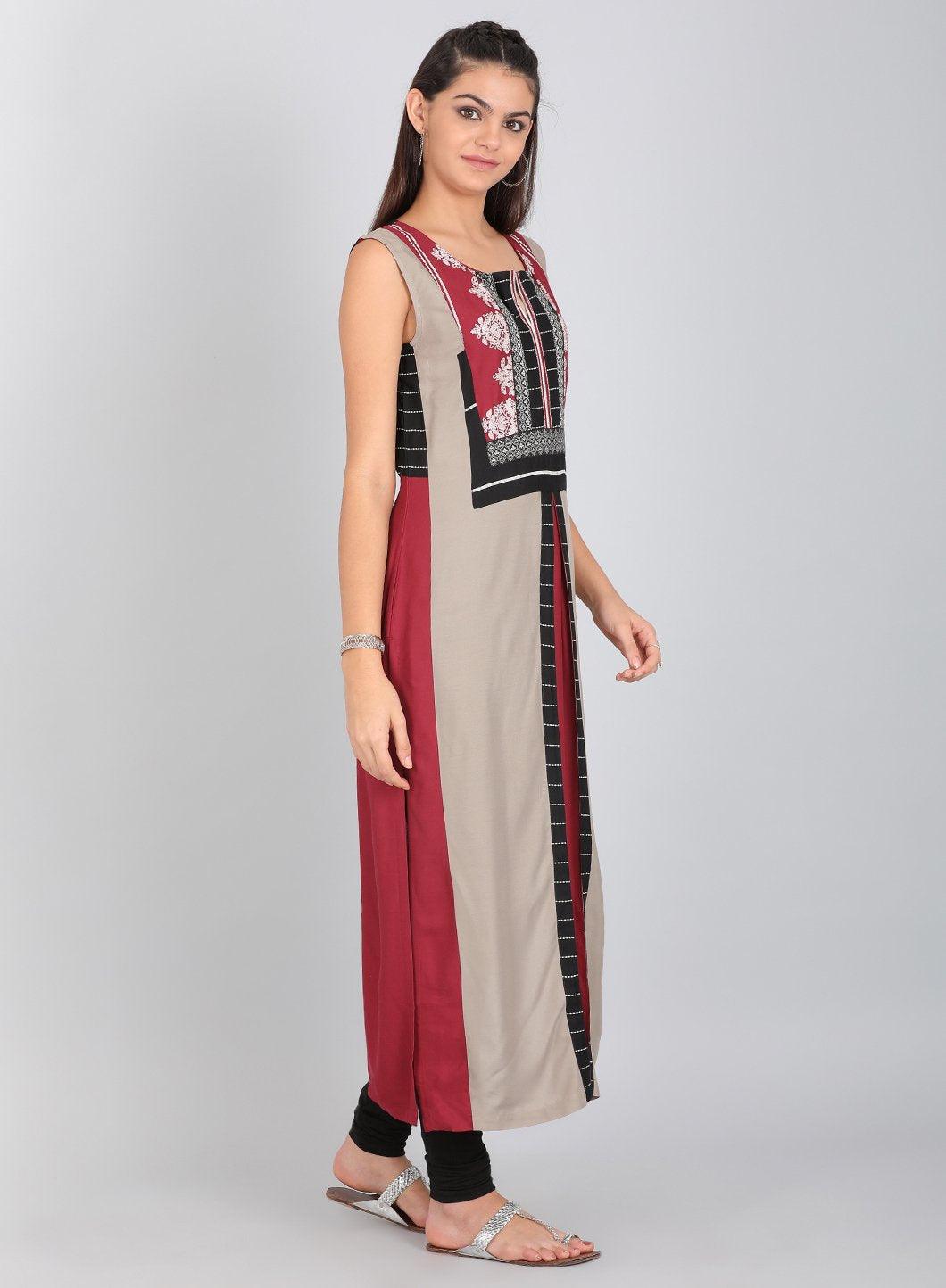 Maroon &amp; White Printed kurta - wforwoman