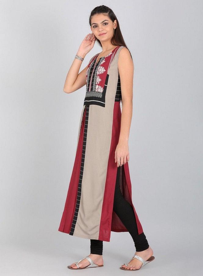 Maroon &amp; White Printed kurta - wforwoman