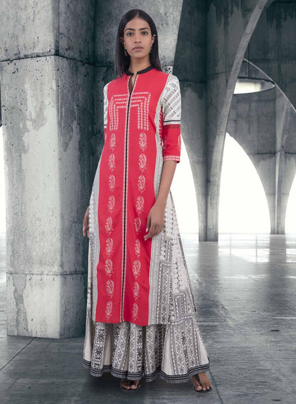 Red Printed Mandarin Neck kurta - wforwoman