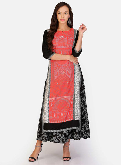 Red Printed Mandarin Neck kurta - wforwoman