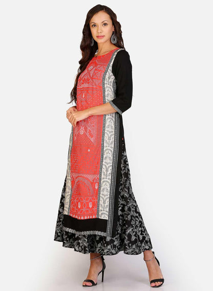 Red Printed Mandarin Neck kurta - wforwoman