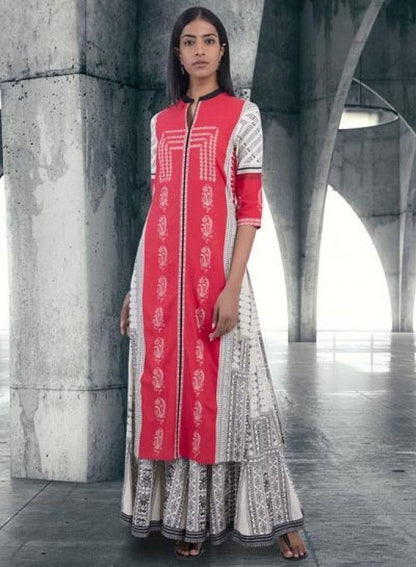 Red Printed Mandarin Neck kurta - wforwoman