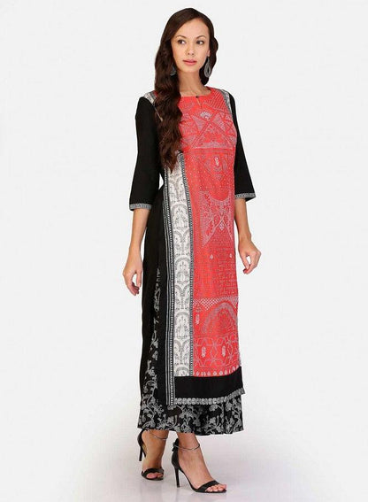 Red Printed Mandarin Neck kurta - wforwoman