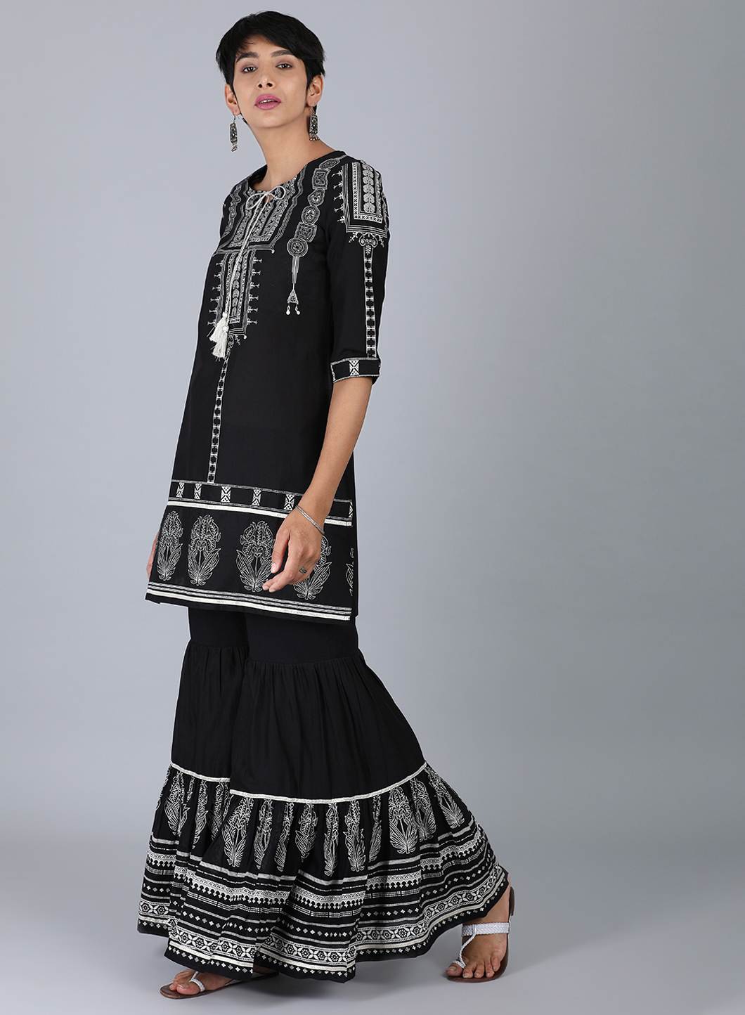 Black Round Neck Printed kurta