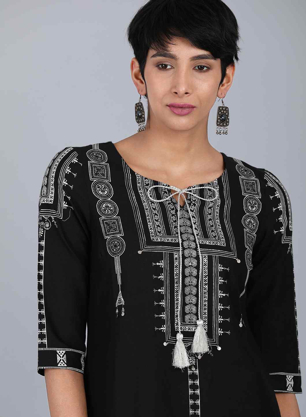 Black Round Neck Printed kurta