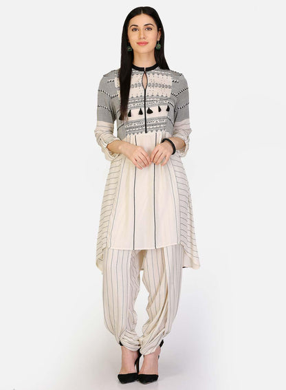 White &amp; Black Printed Tassel kurta - wforwoman