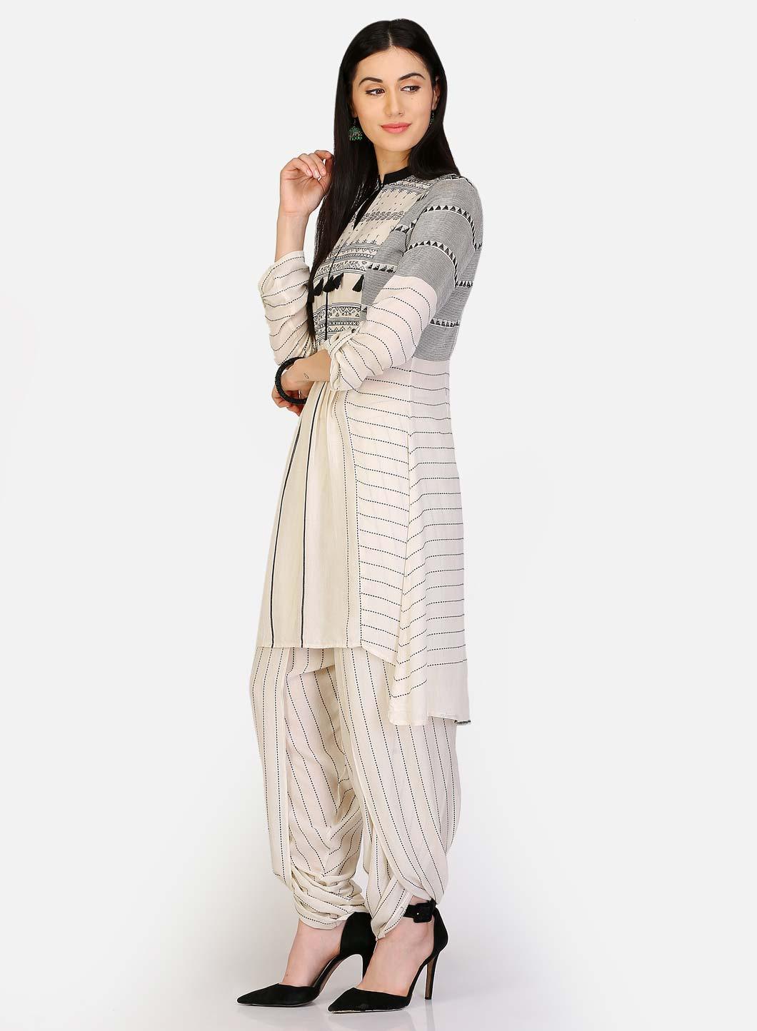 White &amp; Black Printed Tassel kurta - wforwoman