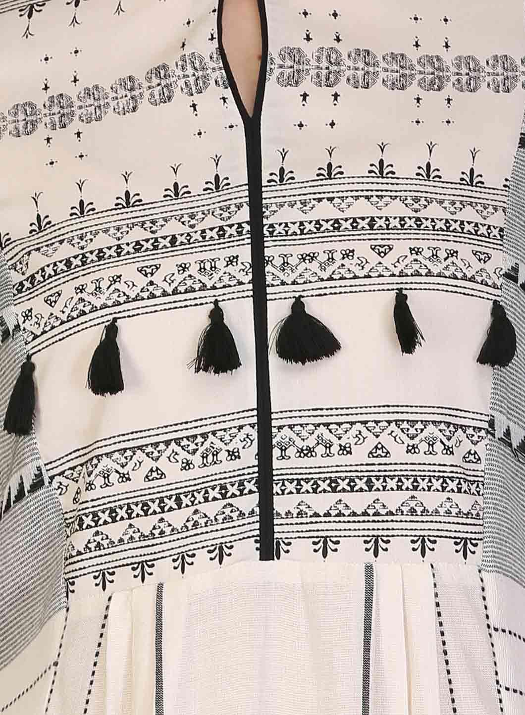 White &amp; Black Printed Tassel kurta - wforwoman