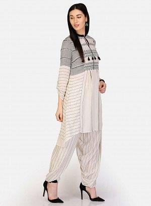 White &amp; Black Printed Tassel kurta - wforwoman