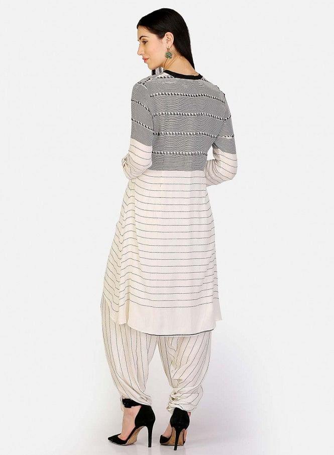 White &amp; Black Printed Tassel kurta - wforwoman