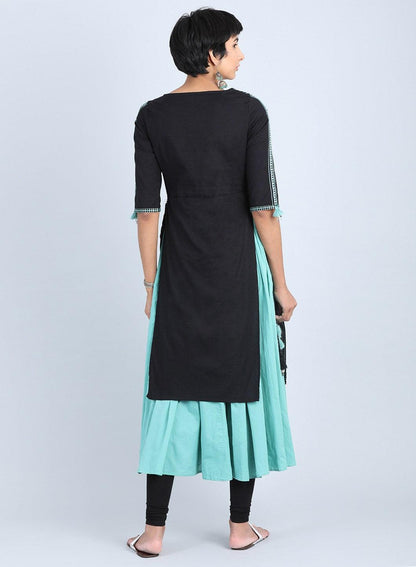 Black Round Neck Gathered kurta - wforwoman