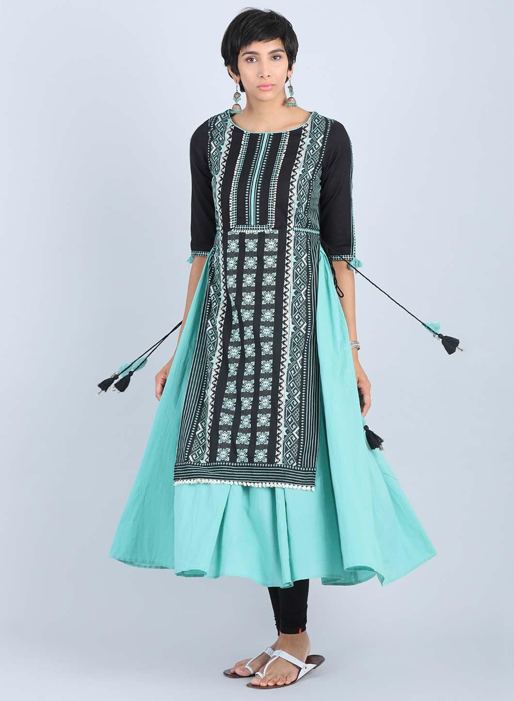 Black Round Neck Gathered kurta - wforwoman