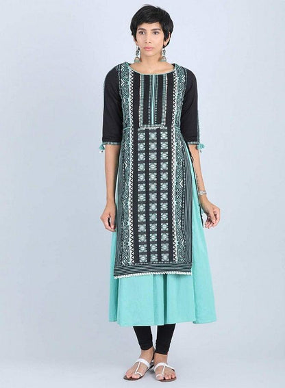 Black Round Neck Gathered kurta - wforwoman