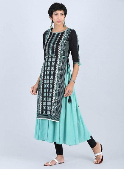 Black Round Neck Gathered kurta - wforwoman