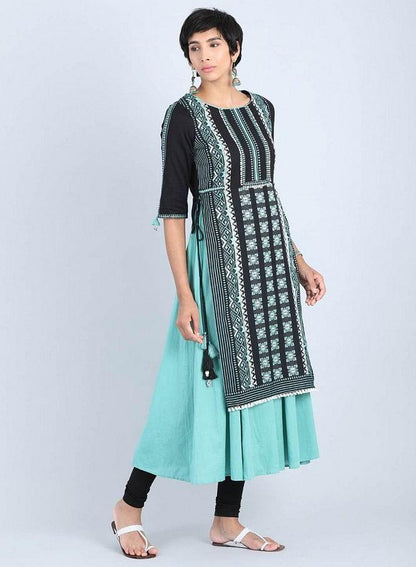 Black Round Neck Gathered kurta - wforwoman