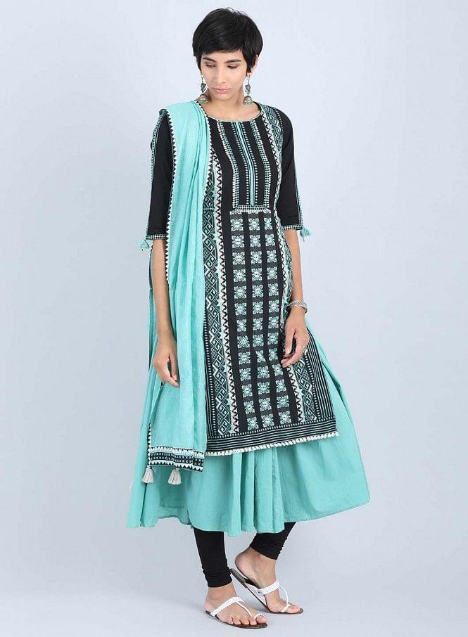 Black Round Neck Gathered kurta - wforwoman