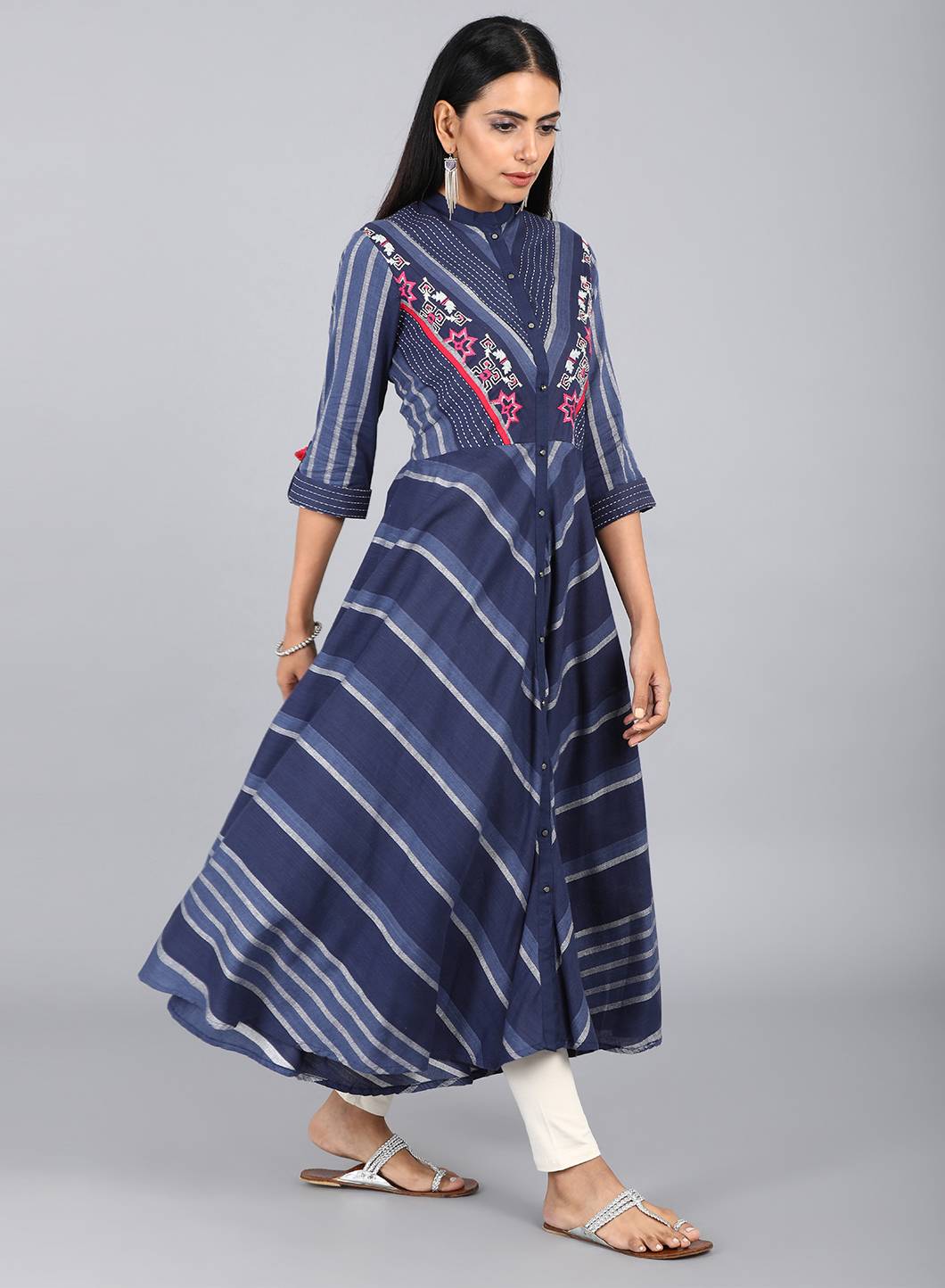 Blue Mandarin Neck Printed kurta