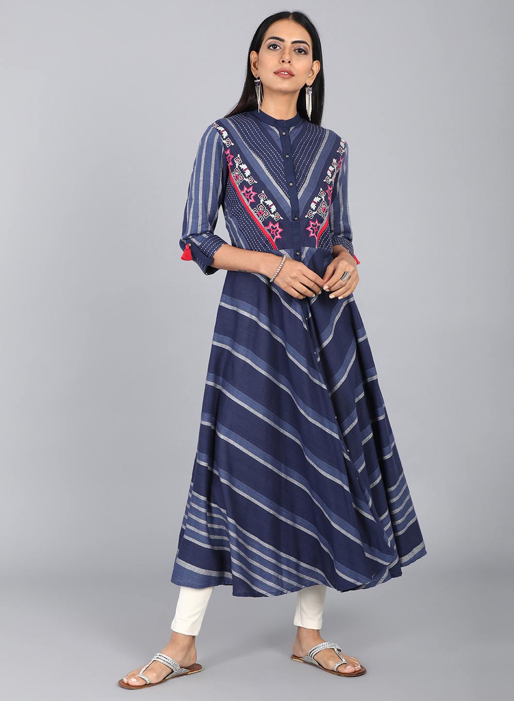 Blue Mandarin Neck Printed kurta