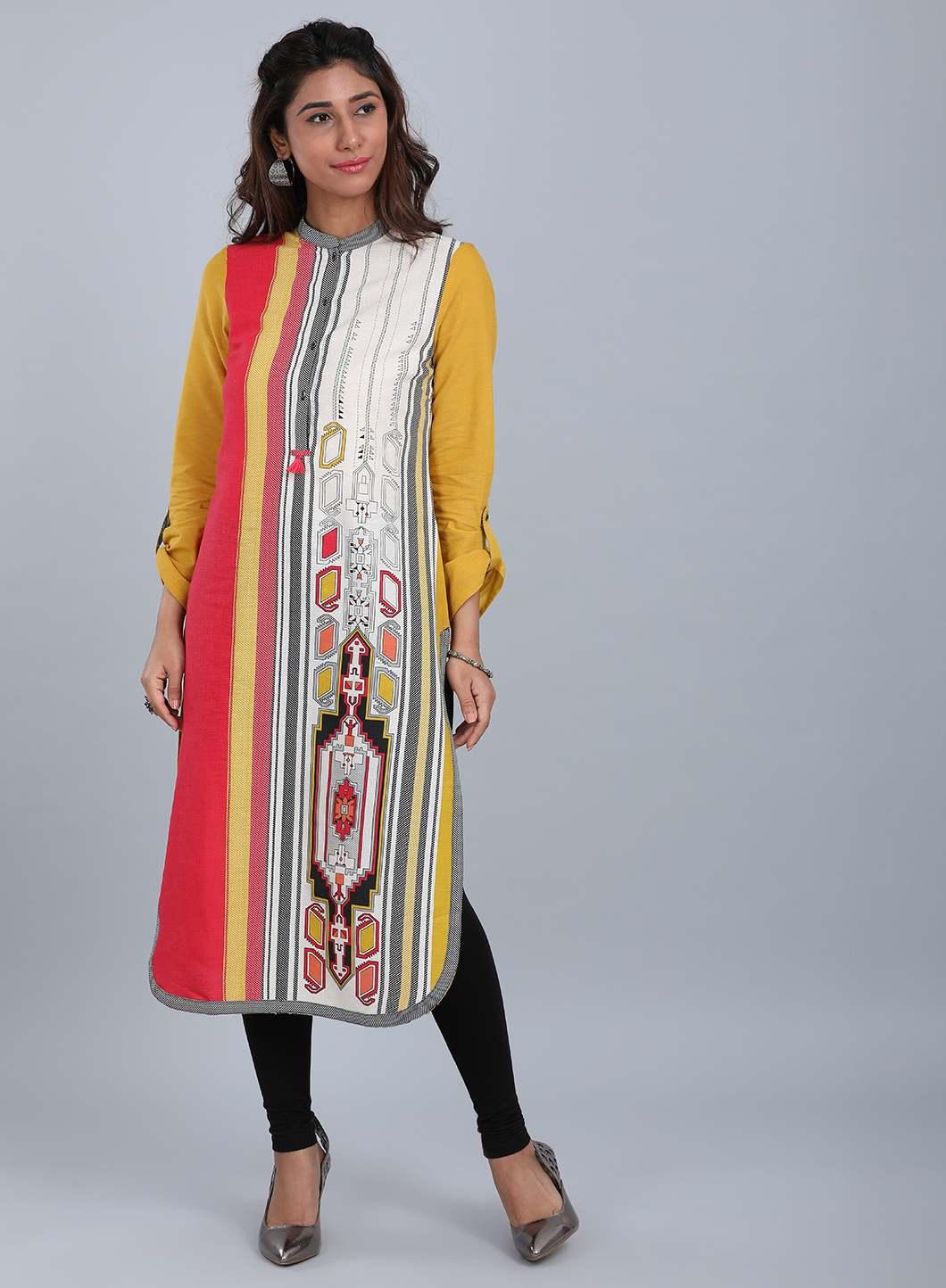 Yellow Mandarin Neck Printed kurta - wforwoman